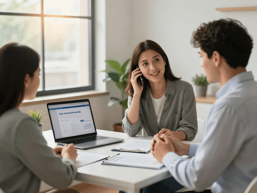 Financial advisor discussing consolidation options with relieved clients in a warm, inviting office.