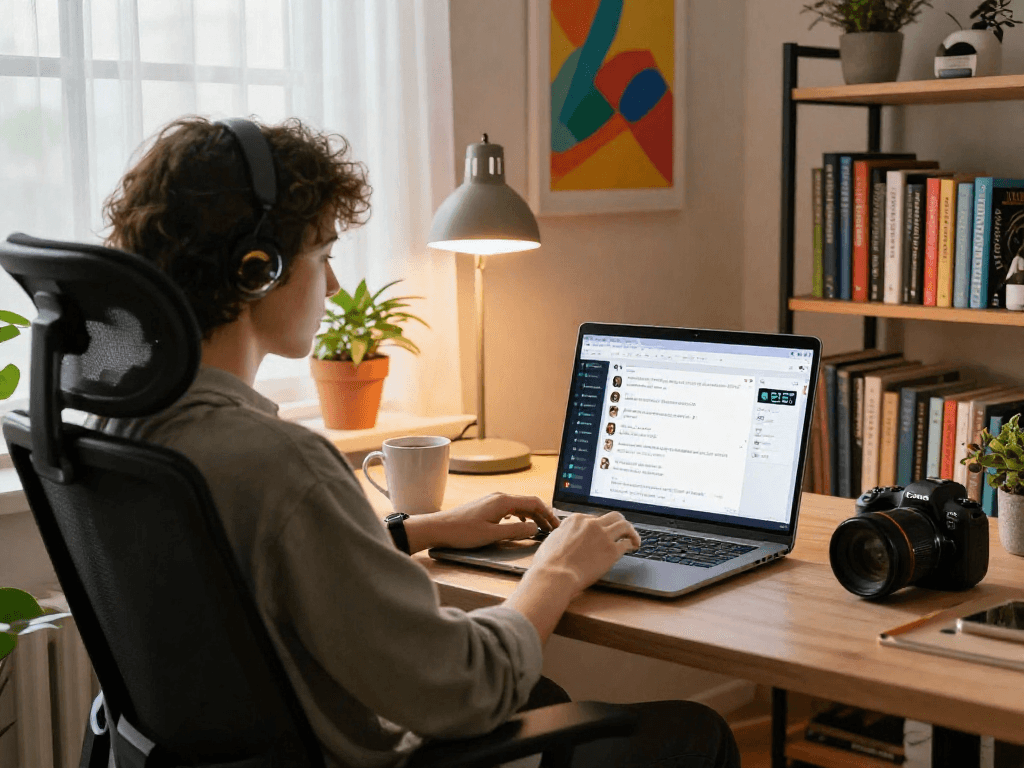 Engaging ai porn chat experience in a stylish home office setting.