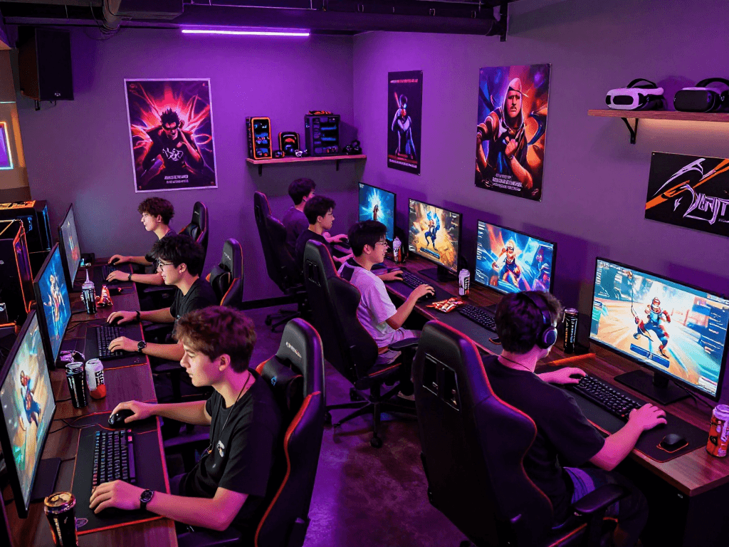 Players enjoying various porngame titles in an energetic gaming lounge.