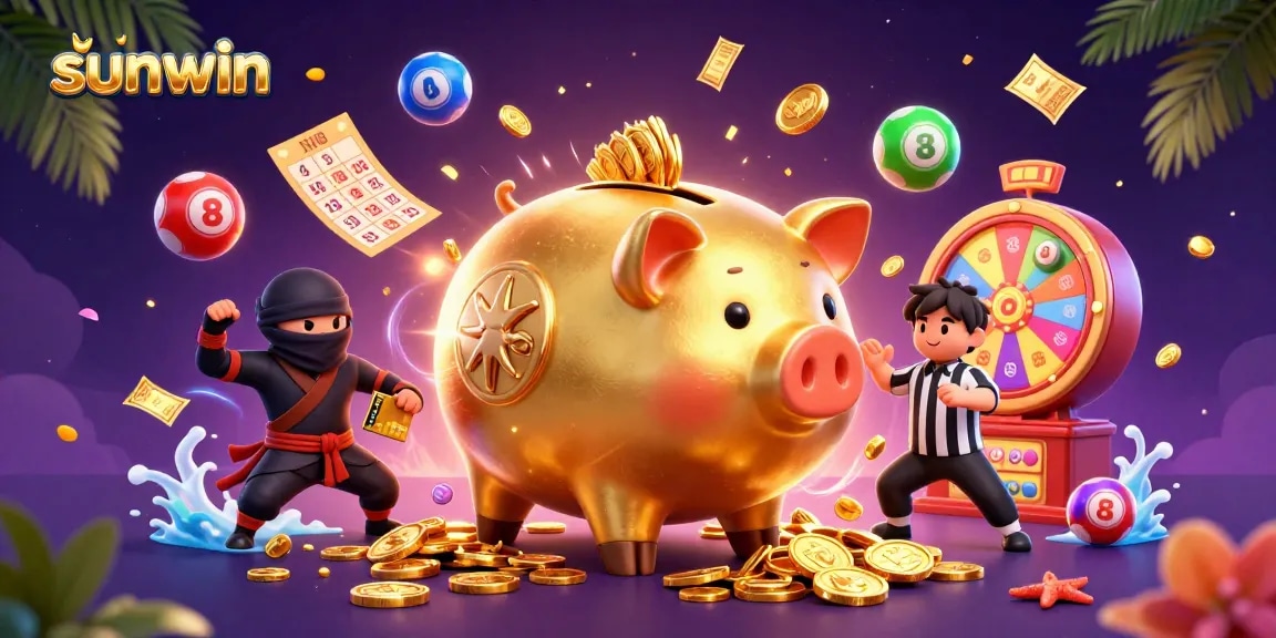 Experience the thrill of sunwin as the piggy bank sumo wrestler unleashes a coin storm amidst vibrant lottery elements.