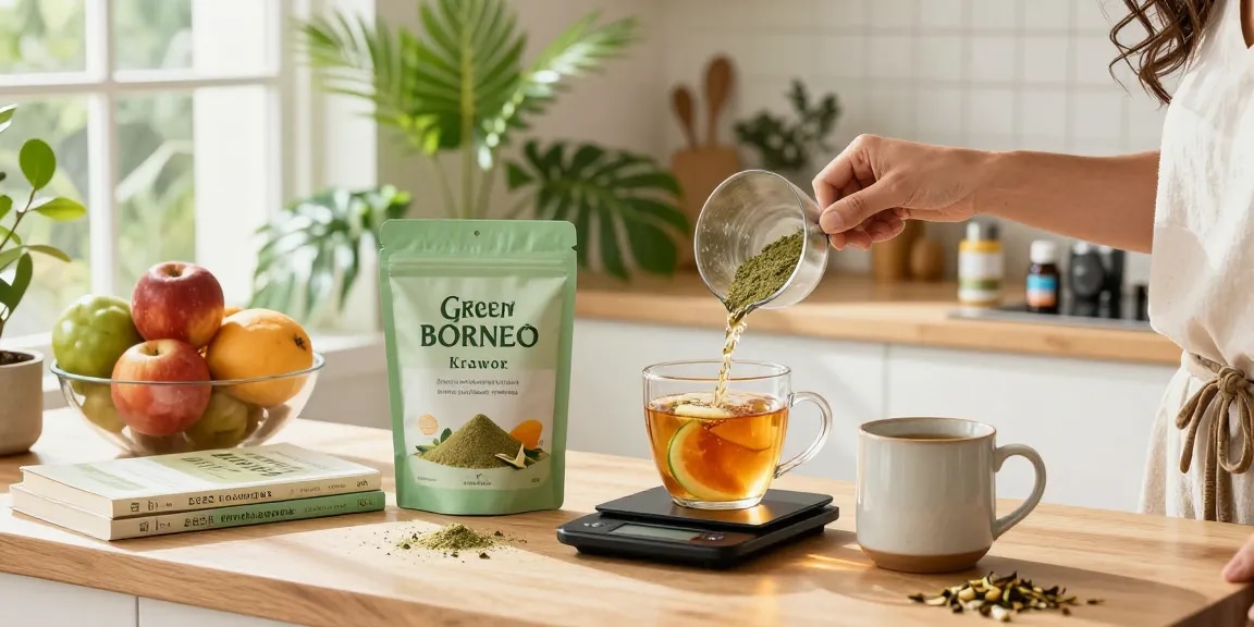 Check it out: Person enjoying Green Borneo Kratom in a bright kitchen, embodying wellness.