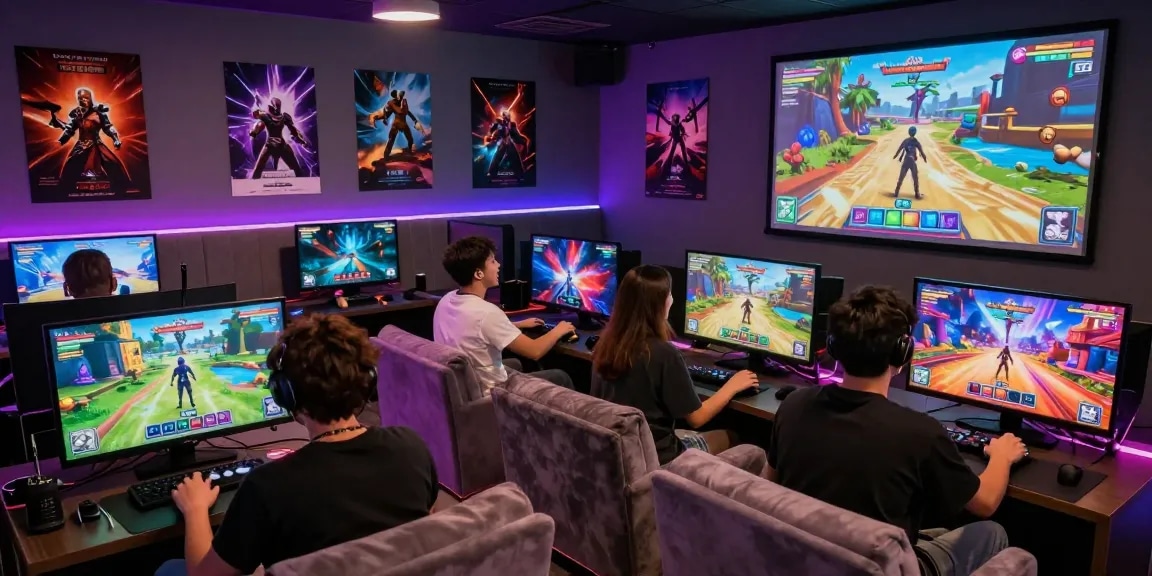 Engaged players enjoying an immersive 3D porn game in a vibrant gaming lounge.
