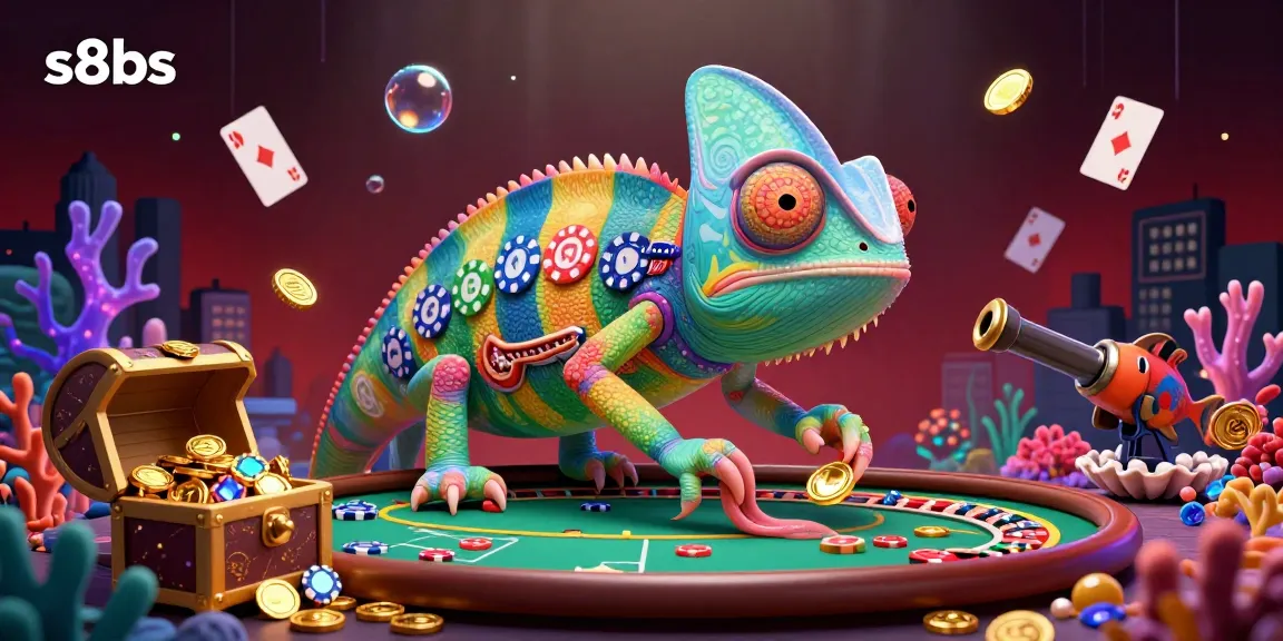 Engage in thrilling gambling action at s8bs with a chameleon casino owner amidst vibrant underwater elements.