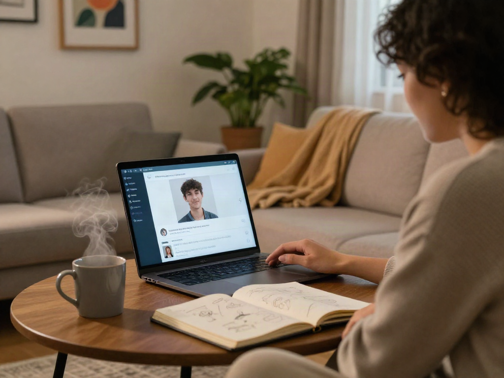 Engaging in ai porn chat via a laptop in a cozy living room, showcasing digital intimacy and personal comfort.