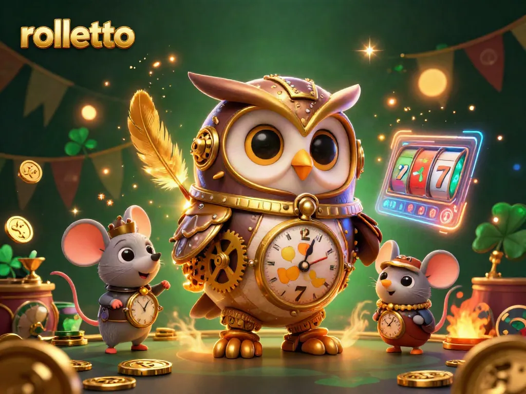 Engage with rolletto's thrilling 3D casino experience featuring a time-traveler owl and vibrant game elements.