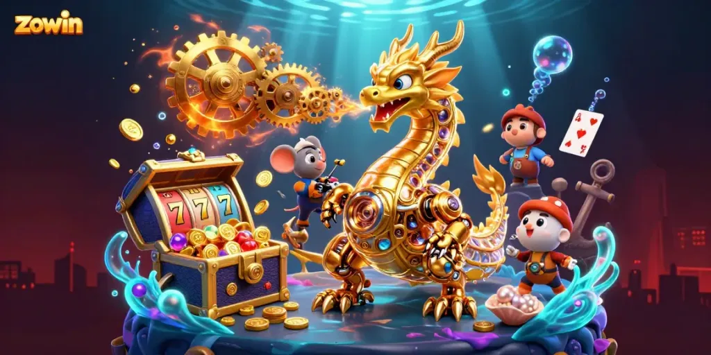 Engage in thrilling gameplay with Zowin's dynamic casino scene featuring a golden dragon.