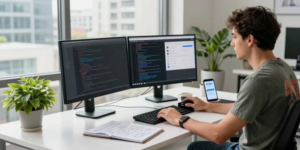 Developer at modern desk coding Telegram下载 interface with dual monitors and city view.