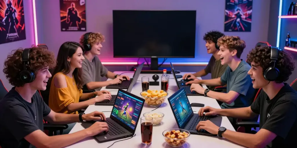 Group enjoying online gaming on TX88 site with laptops and smartphones in a lively atmosphere
