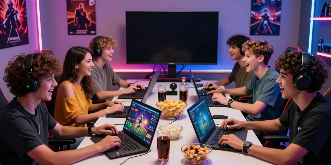 Group enjoying online gaming on TX88 site with laptops and smartphones in a lively atmosphere