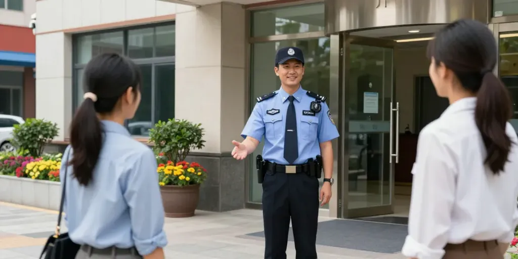 Security Guards ensuring safety at a professional building, trusted service, community-focused.