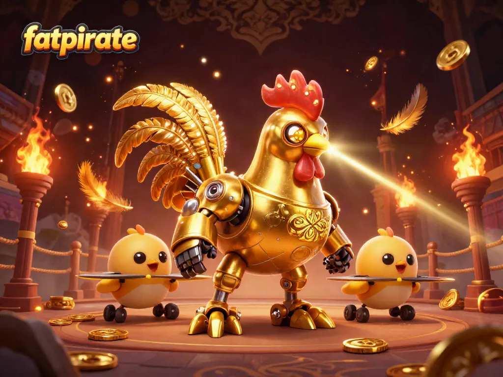 Engage in thrilling gameplay at fatpirate casino, illuminated by a golden rooster robot and dynamic dragon symbols.