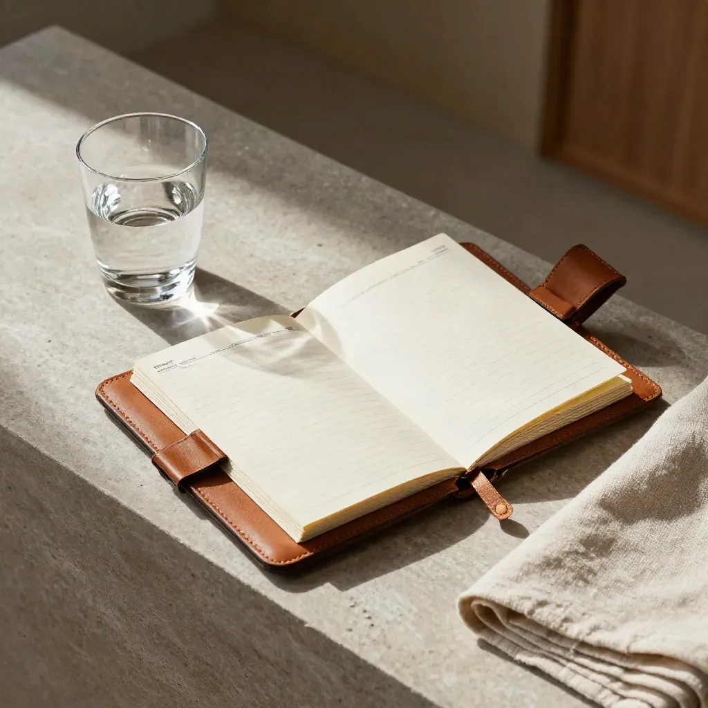 Leather portfolio with tabbed report sections, water glass and linen cloth on a stone sideboard.
