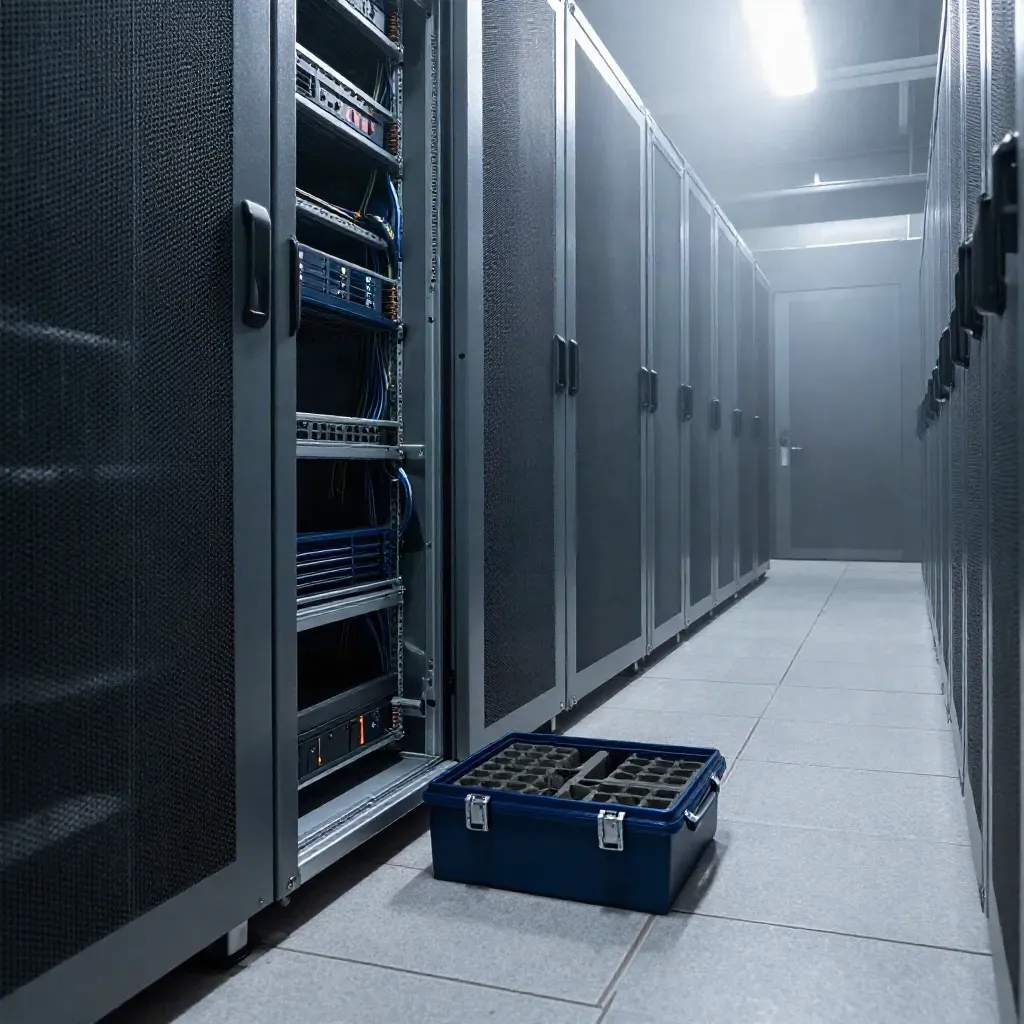 Open server rack and maintenance case in a foggy data aisle, lights flickering.