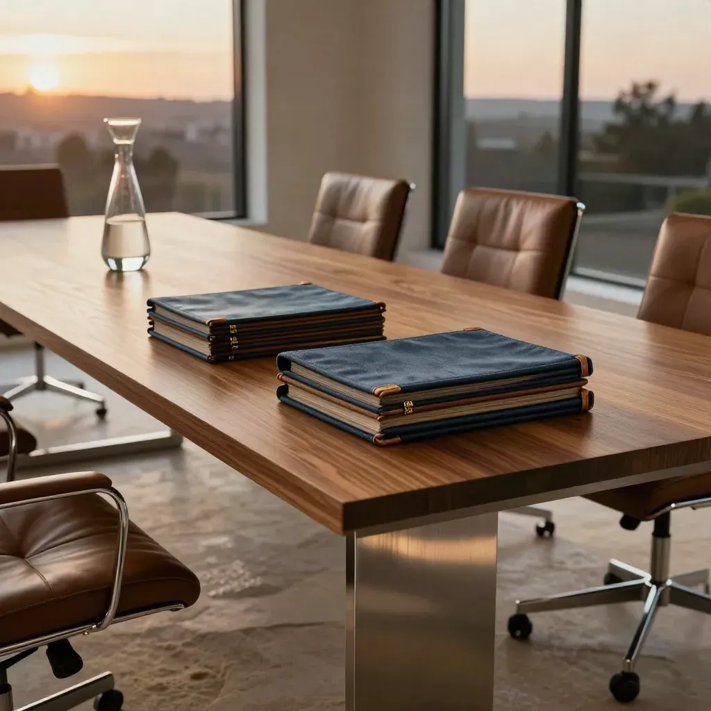 Empty boardroom at sunset with board packs, carafe and chairs around a long table.