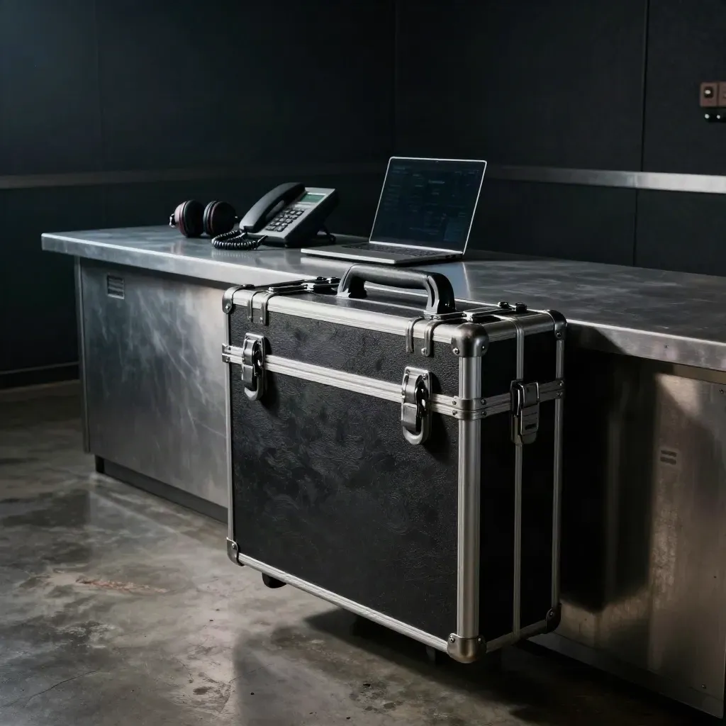 Dim incident room with emergency kit, phone, laptop and ear defenders on a metal counter.