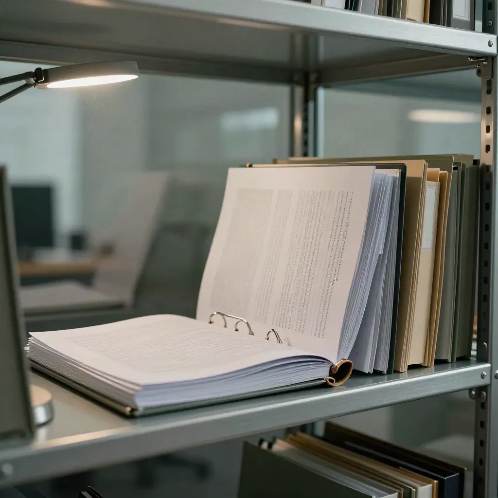 Open compliance binder on a glass office shelf with a small lamp beam and hazy background