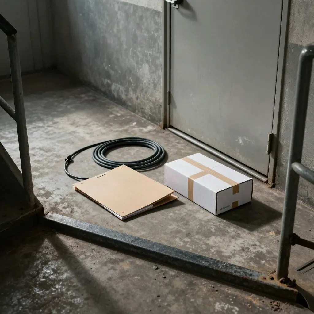 High-angle industrial stair landing with folder, cable, sample box and fire door in sodium light.