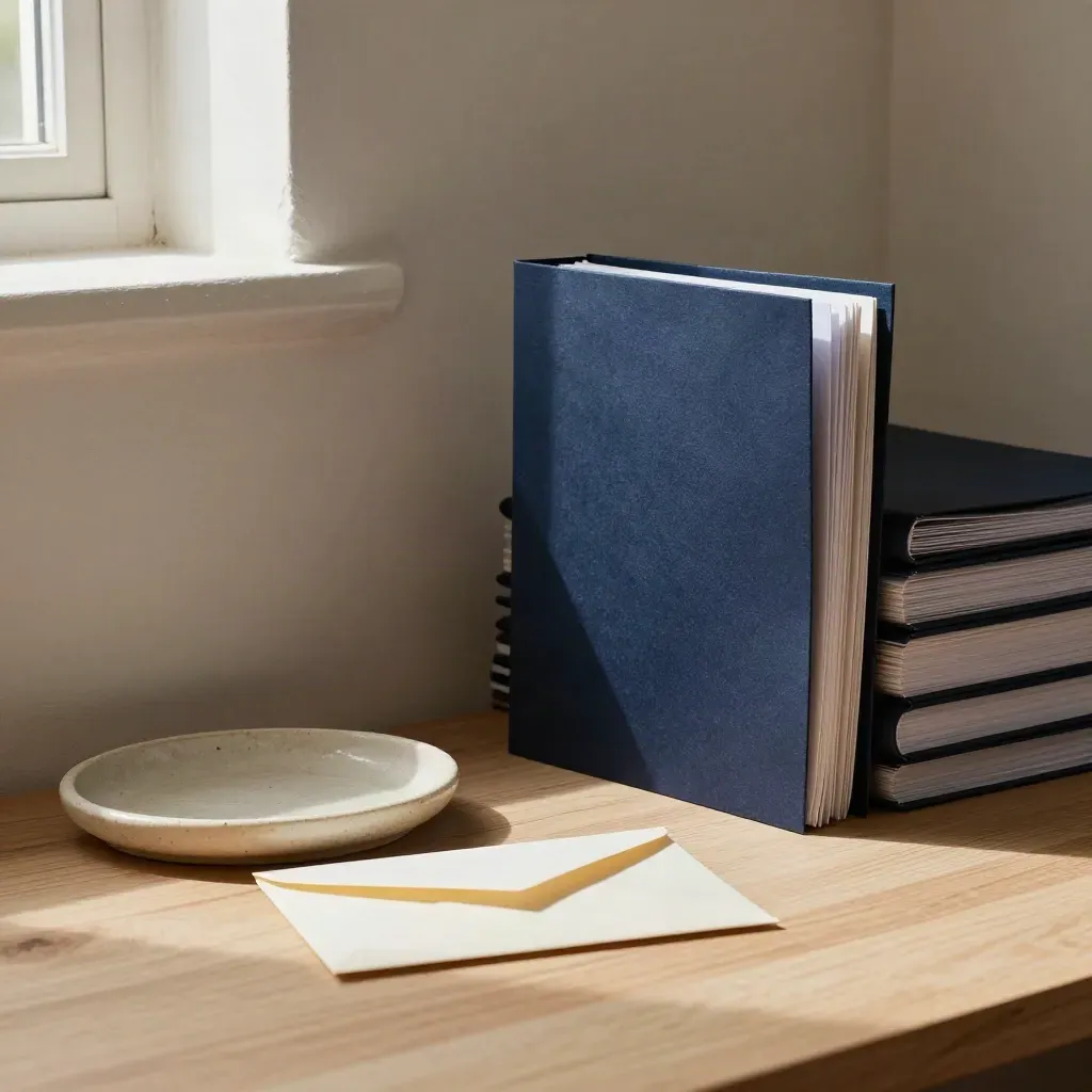 Compliance folders, ceramic tray and closed envelope in warm daylight on a filing shelf.
