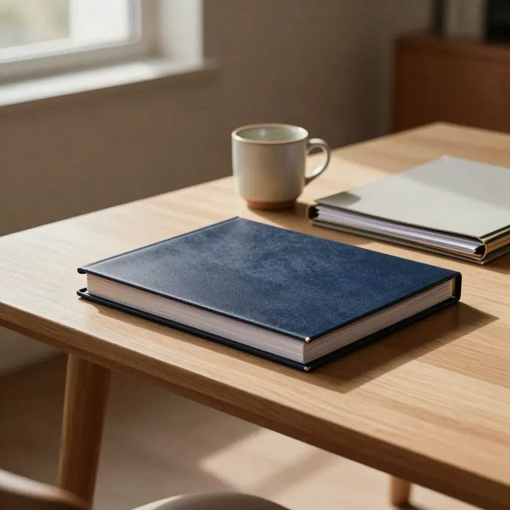 Glass meeting room with navy binder, ceramic cup and folders on an oak table.