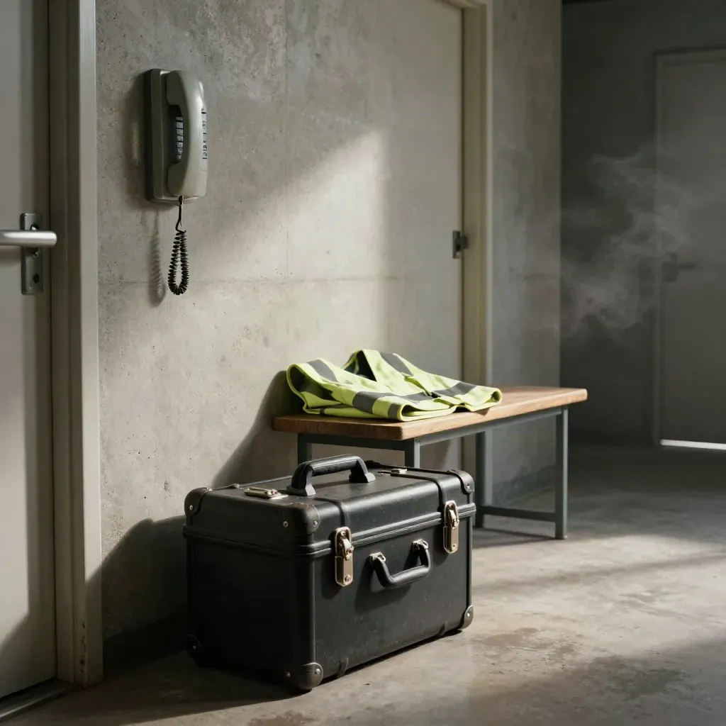 Emergency kit, wall phone and hi-vis vest in a dim corridor side room