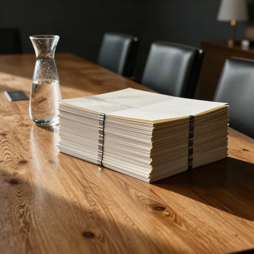 Boardroom table with board packs, water carafe and empty chairs in warm late-afternoon light.