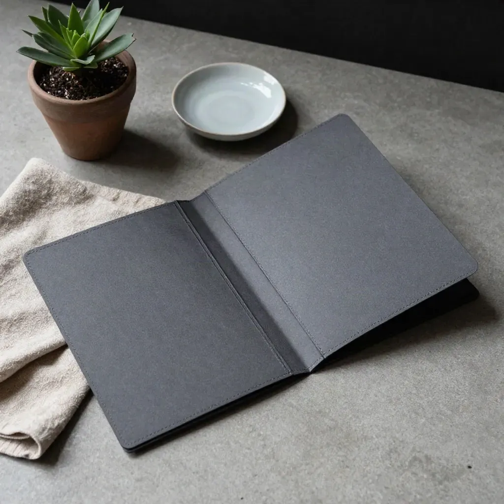 Overhead flatlay of a risk folder with plant, wool cloth and ceramic dish on concrete