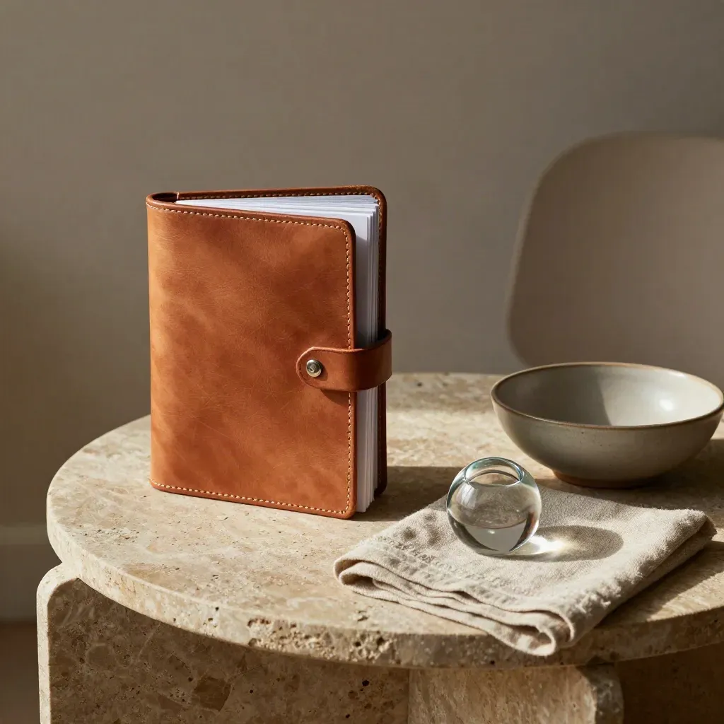 Leather report portfolio with linen, glass paperweight and ceramic bowl on a stone side table.