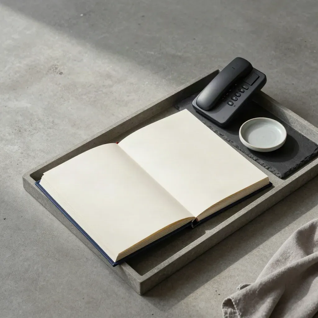 Top-down emergency planning binder, desk phone, ceramic dish and folded cloth on stone tray