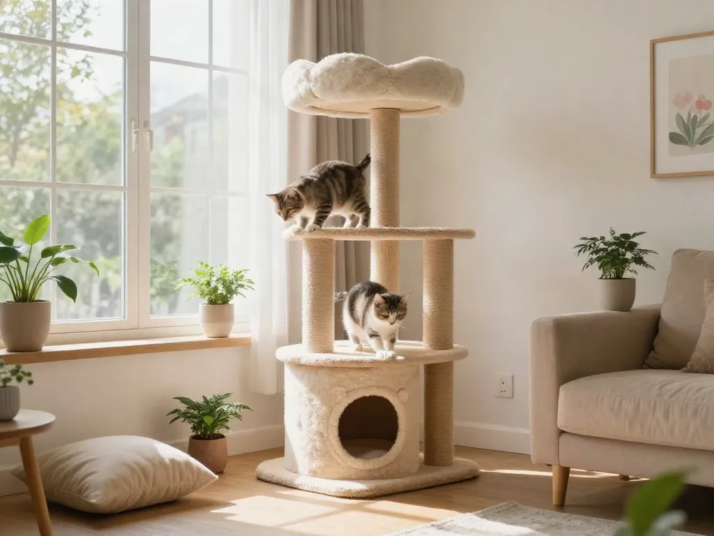 Playful kitten on a stylish cat tower cat tree in a bright home