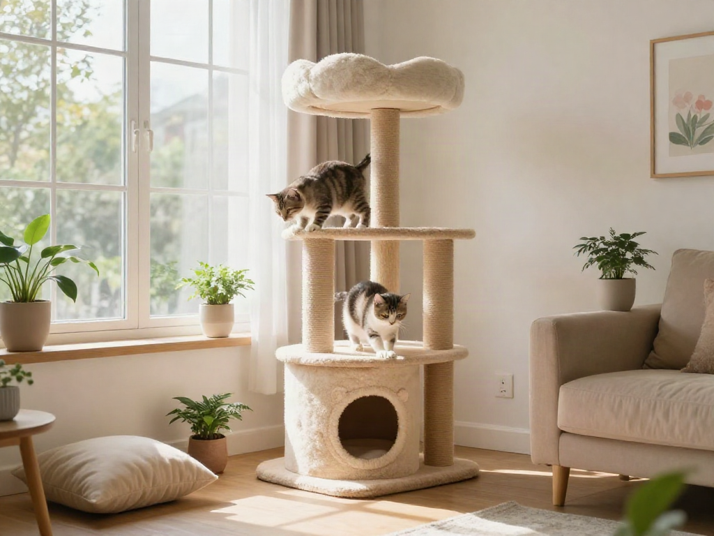 Playful kitten on a stylish cat tower cat tree in a bright home