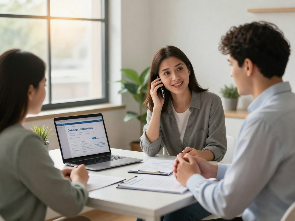 Financial advisor discussing consolidation options with relieved clients in a warm, inviting office.