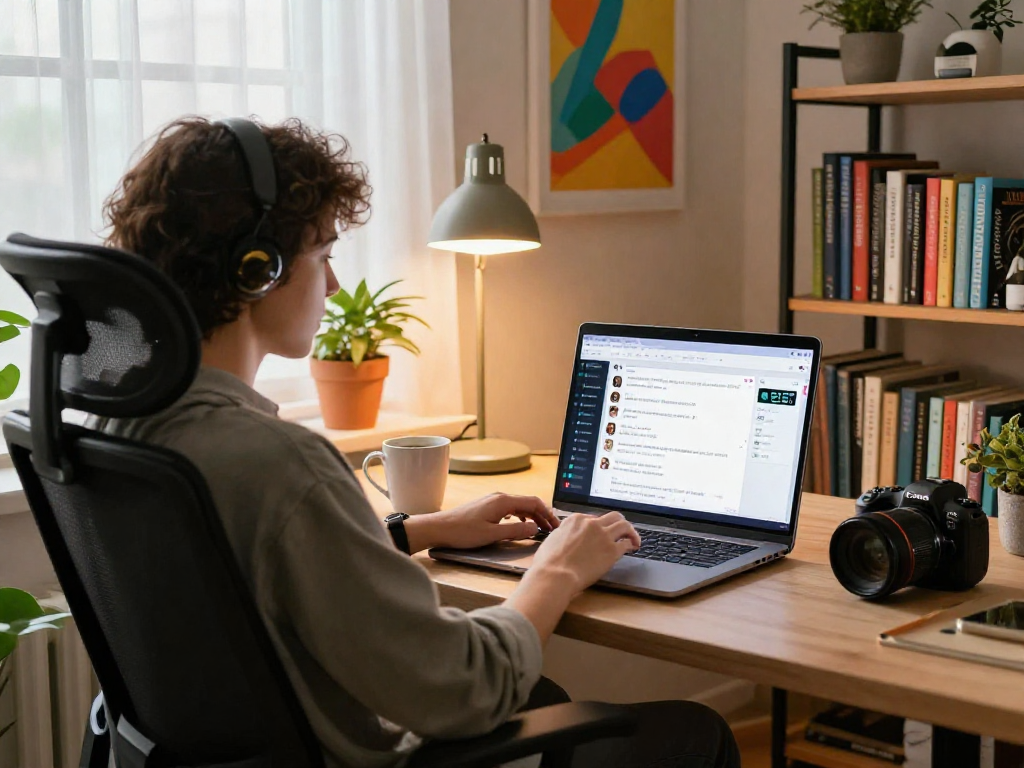 Engaging ai porn chat experience in a stylish home office setting.