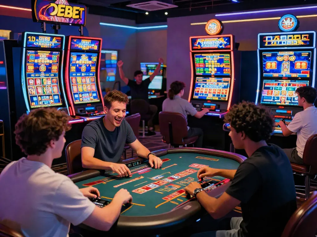 Group of players enjoying the DEBET online gaming platform with live dealer games and vibrant graphics.