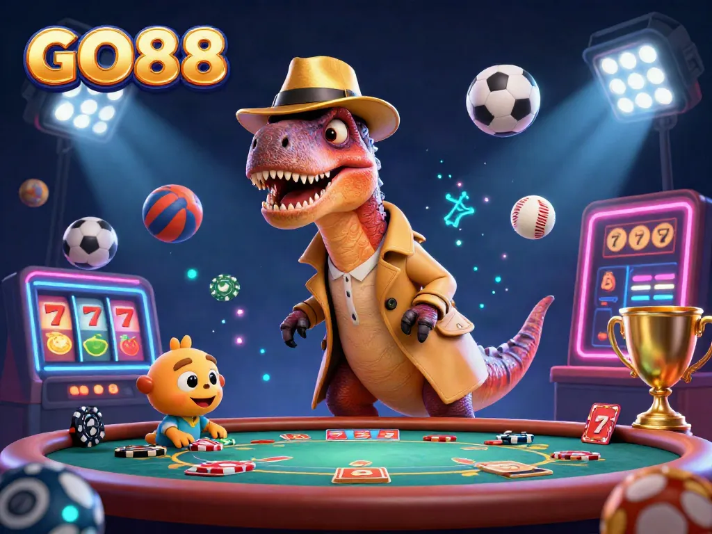 GO88 velociraptor and companions playing blackjack with dynamic gambling elements in a vibrant, detailed casino scene.