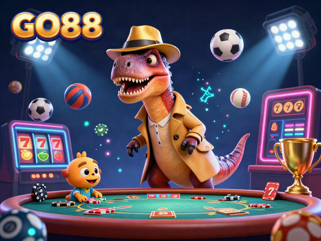 GO88 velociraptor and companions playing blackjack with dynamic gambling elements in a vibrant, detailed casino scene.