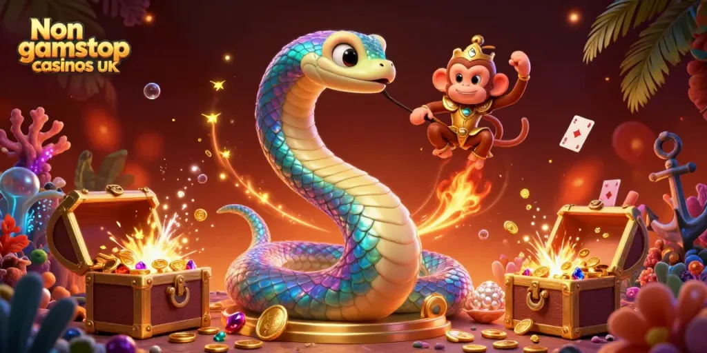 Engage with Non gamstop casinos UK through vibrant 3D illustration featuring unique game elements and dynamic characters.