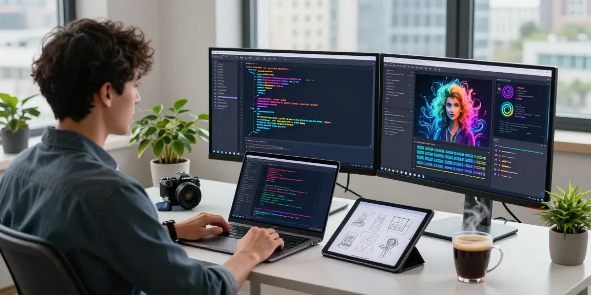 Dynamic software workspace showcasing generative AI projects with vibrant screens and creative tools.