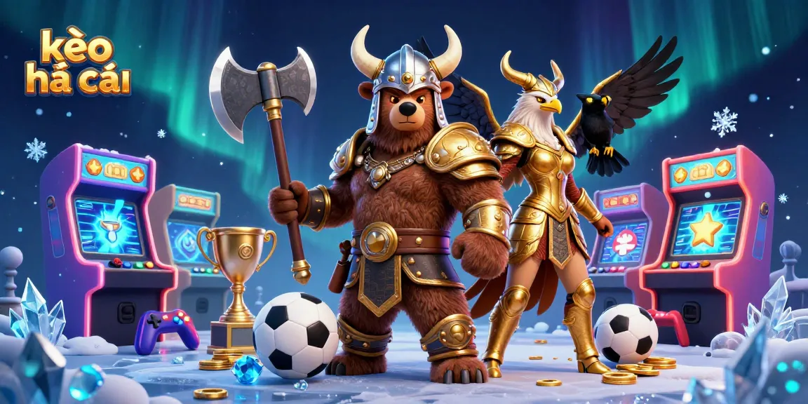 Engage in kèo nhà cái strategy with cartoon Viking characters amidst dynamic sports elements.