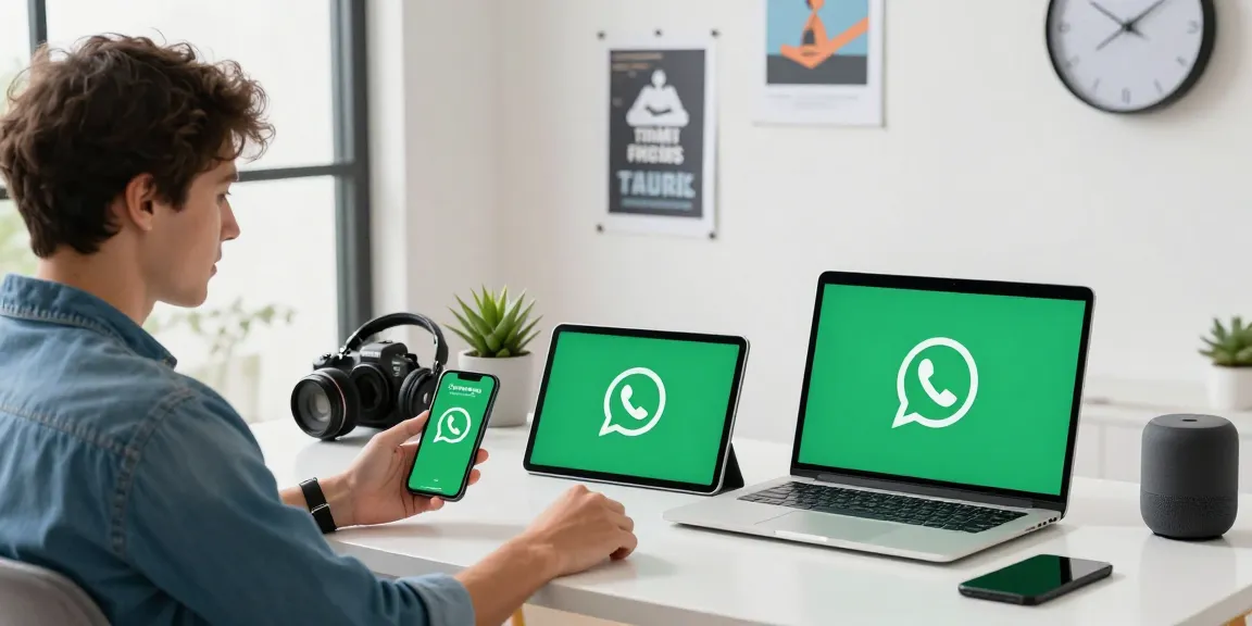 Young professional excitedly downloading WhatsApp下載 on multiple devices in a modern workspace.