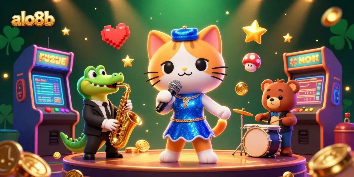 Experience thrilling gaming at alo8b with a lively casino scene featuring a jazz-singer cat and vibrant arcade elements.