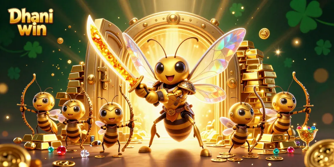 Dhani win players enjoy vibrant gaming with a golden hornet and treasures in an exciting casino scene.
