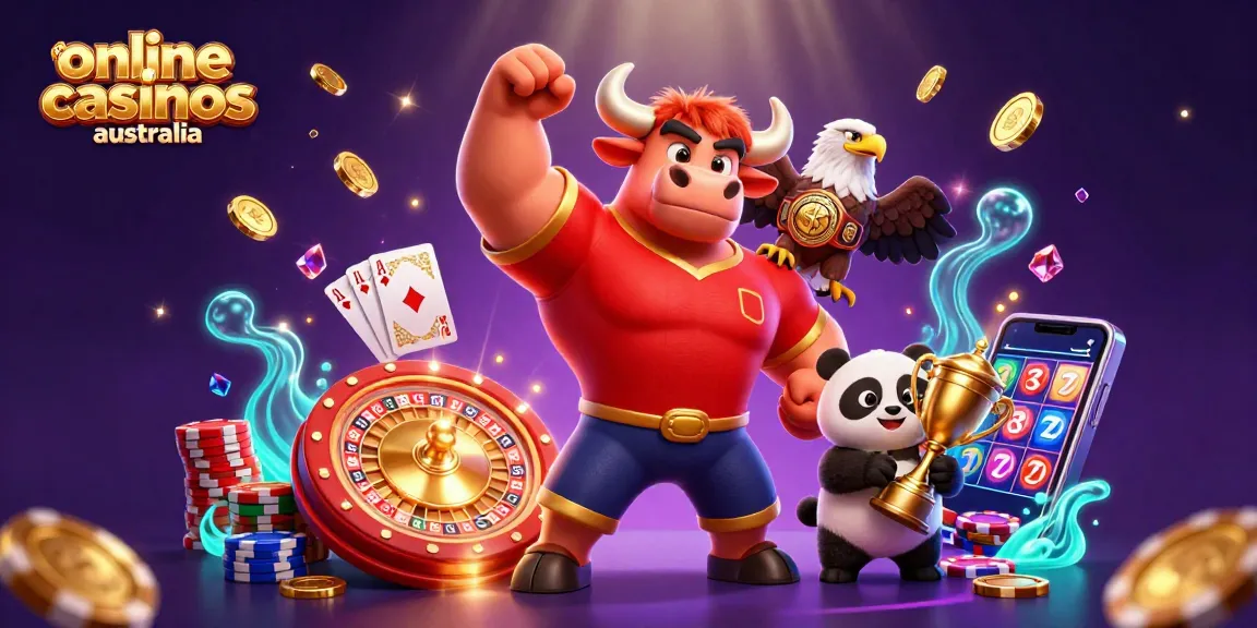 Experience thrilling wins at online casinos Australia with a festive scene of a bull, eagle, and panda celebrating