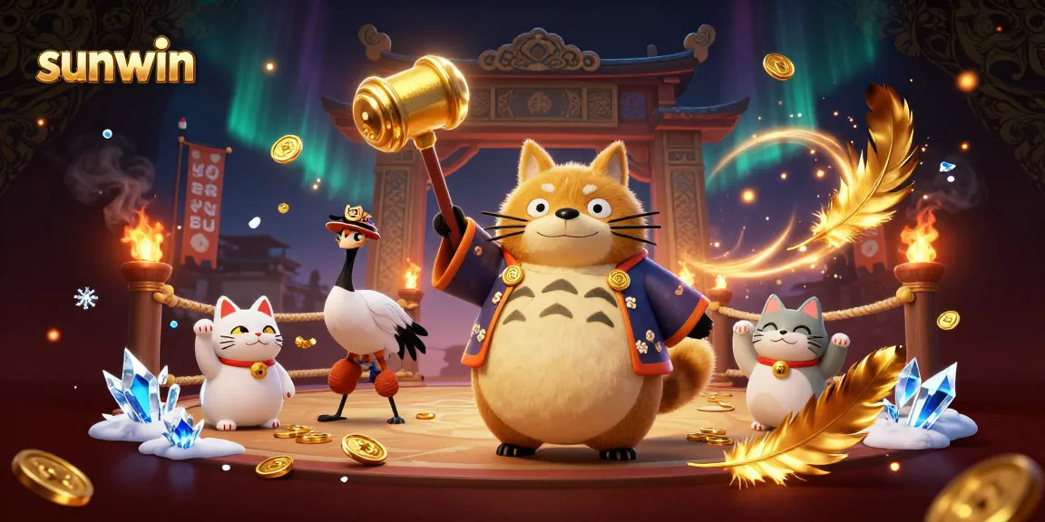 Engage with sunwin's festive gaming atmosphere featuring a cheerful tanuki and lucky symbols.