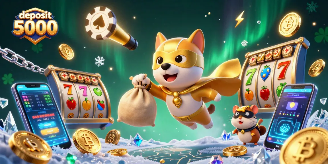 Engage with deposit 5000 slots featuring a superhero dog flying with gold coins amid dynamic casino elements.